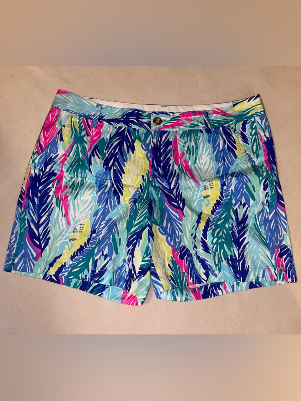 Lilly Pulitzer Aqua Pink Yellow Feather-Print Bermuda‎ Shorts